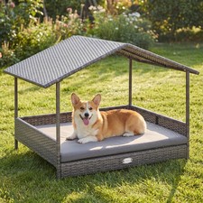 Wicker Dog House with Canopy, Rattan Dog Bed, Waterproof Removable Cushion