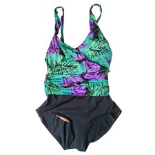 Catalina One Piece Swimsuit Womens 14 Black Green Purple Vintage Leaf