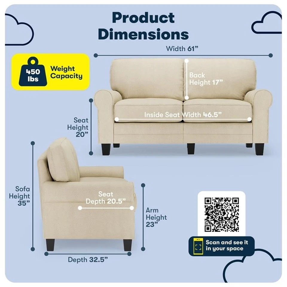 61-дюймовый двухместный диван Serta Copenhagen со съемными чехлами желтовато-коричневый - Изображение 3 из 4