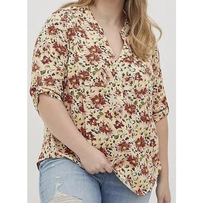 Torrid Womens Twill Floral Blouse Plus Size 3X Cottage Sand Romantic Career Corp