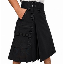 Black Utility Kilt for Men Heavy Duty Tactical Cotton Fabric, Cargo Pocket,