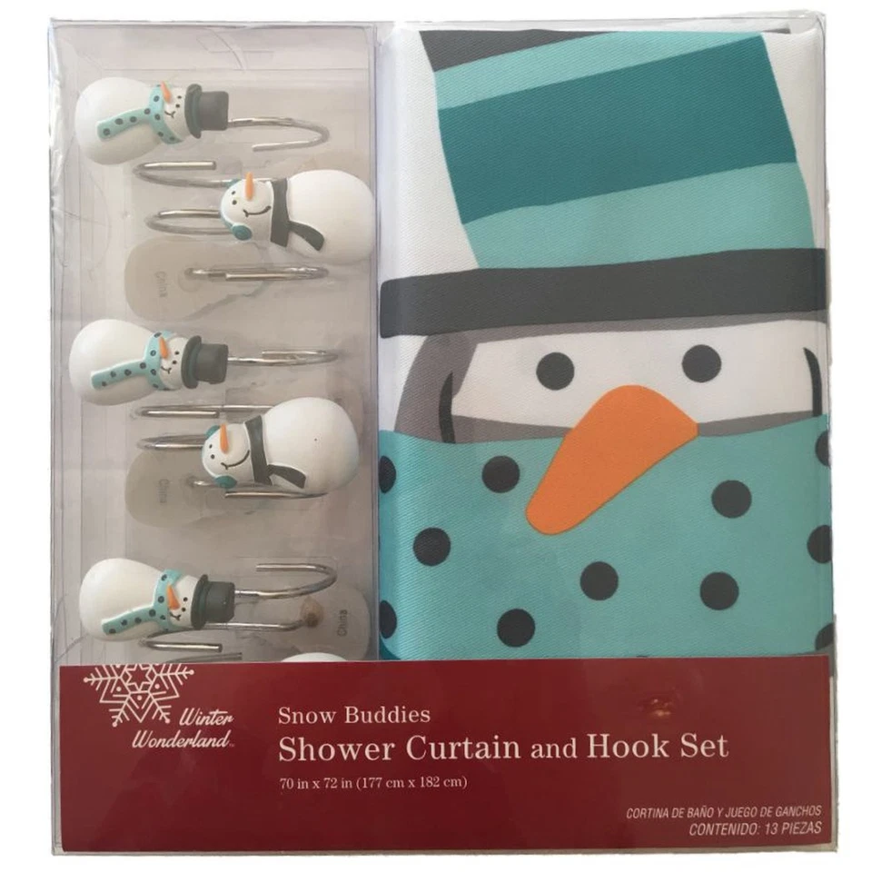 Juego de cortinas y ganchos de ducha muñeco de nieve Winter Wonderland Holiday Snow Buddies Foto 2 de 3