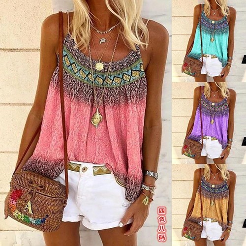 Women Summer Loose Casual Vest Tank Tops Sleeveless Boho Printing T-Shirt Blouse - Imagen 1 de 28