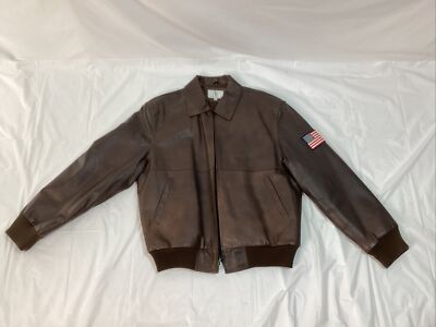 Vintage Timothy Daniels Brown  Leather American Flag Zip Up Bomber Coat Sz-Large