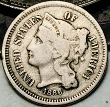 1866 Three Cent Nickel Piece 3C Ungraded Obsolete US Type Coin CC24493
