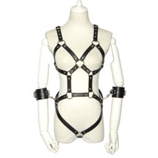 Sexy Damen PU Leder Körper Harness Dessous BH Set Gürtel mit Handschelle Kostüm