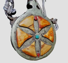 Antique Gun Powder Flask Bottle Morocco Beautiful Made Of Brass silver stones