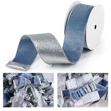10 Yards Dusty Blue Velvet Wired Ribbon Silver Glitter Back Holiday Crafts
