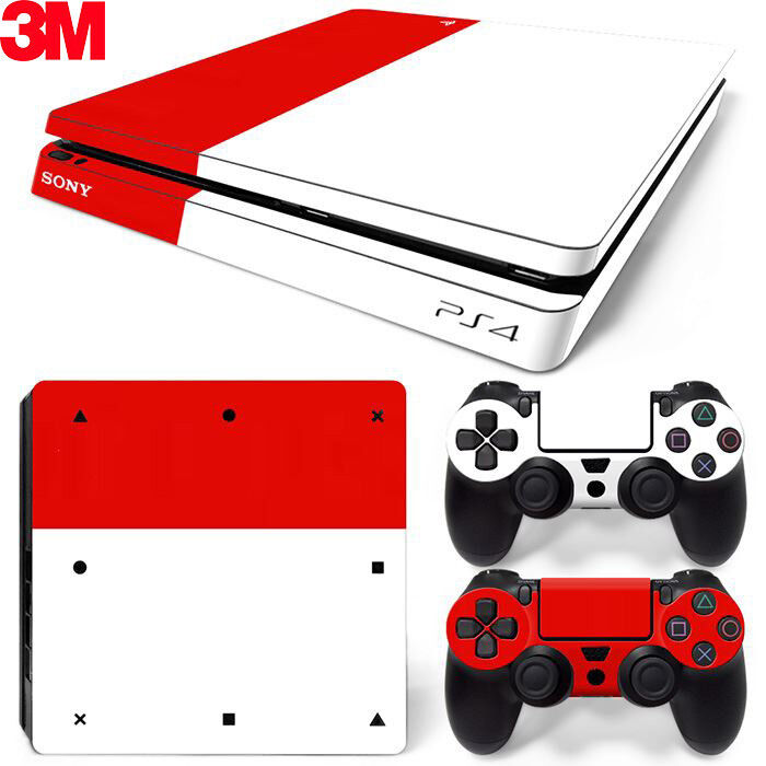 PS4 Slim Playstation 4 Console Skin Decal Sticker Red White Custom Design  Set