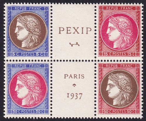 France-PEXIP Paris 1937-Bloc central, n°348 à 351 Neuf