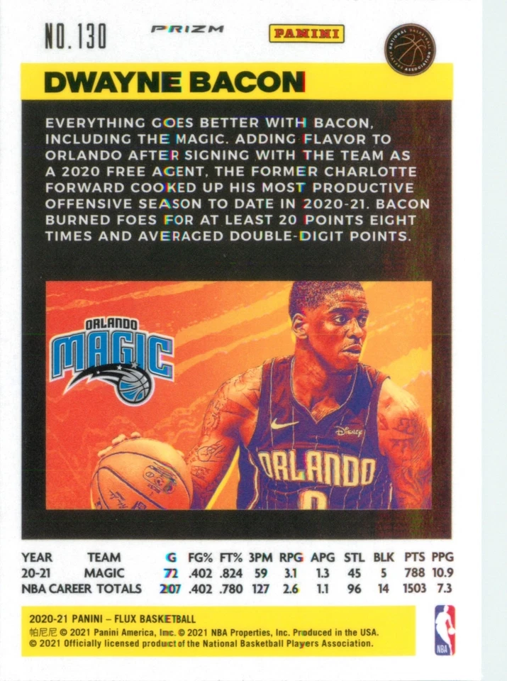 Dwayne Bacon 2020-21 Flux Basketball Fanatics Green Cracked Ice Prizm Card #130 - Image 3 of 3