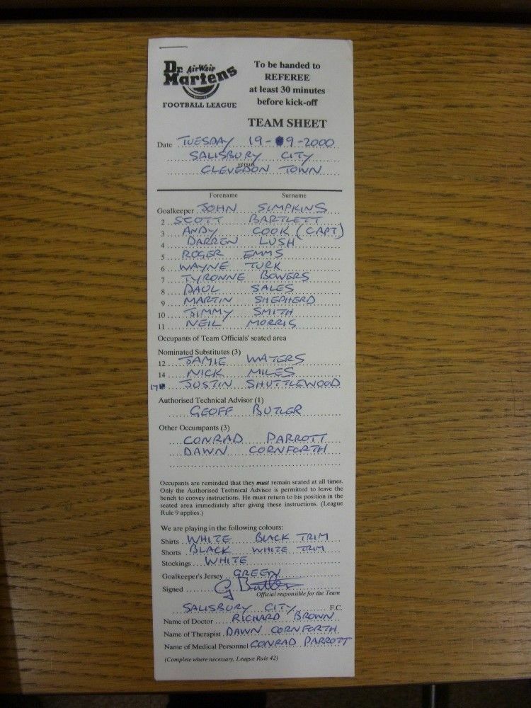 19/09/2000 Official 'Referee' Teamsheet: Salisbury City v Clevedon