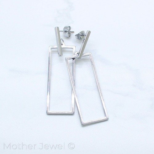 MODERN RECTANGLE SHAPED DANGLE SILVER 14K YELLOW GOLD IP BAR DROP EARRINGS - 第 4/7 張圖片