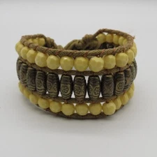 Yellow Beaded Bronze Tone Ethnic Boho Bracelet 6.75"