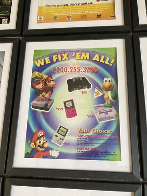 FRAMED 1999 Nintendo Repair Center Super Mario Donkeys Kong N64 GB Game Wall Art