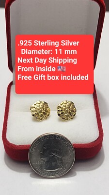 Real 925 Yellow Silver Round Shape 11 MM Nugget Stud Earrings for Women / Men 