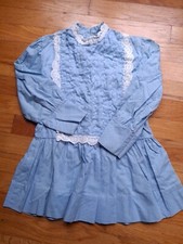 Vintage Polly Flinders Smocked Blue Dress lace embroidered Girls 6X Long Sleeve