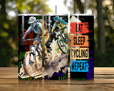 20oz Insulated Skinny Stainless Steel Tumbler, Eat Sleep Cycling Repeat, Straw
