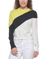DKNY Striped Crewneck Cotton Sweater Acid/Navy Multi L NEW 476 