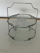 VINTAGE CHROME 2 TIER CAKE STAND WITH ETCHED GLASS SHELVES ON 4 BALL FEET