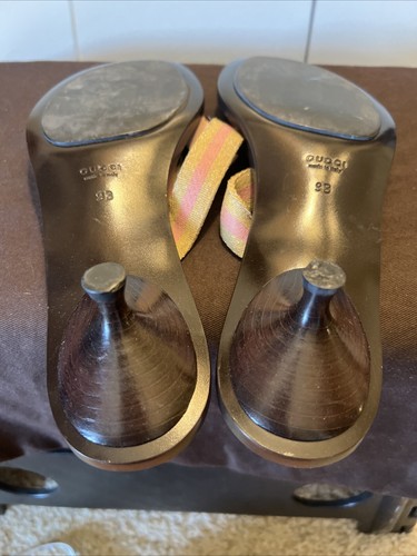 Gucci 9 GG Logo Sandals Mid Kitten Heels THONGS Flip Flop Slides Pale Pink Gold - Picture 14 of 23
