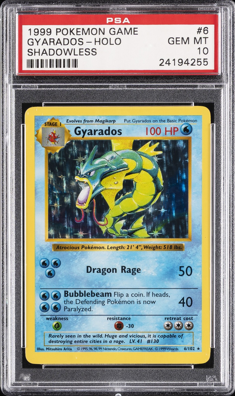 1999 POKEMON BASE SET SHADOWLESS #6 GYARADOS-HOLO PSA 10