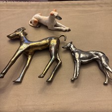 Lot Of 3 Vintage Whippet / Greyhound Dog Statues-2 Metal -1 Porcelain