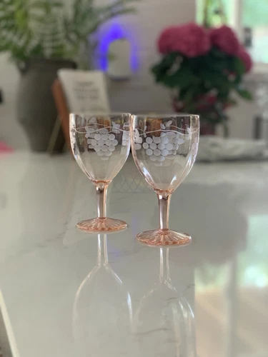 2 Etched light pink depression glass water/ wine goblets
