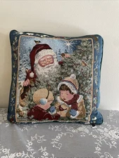 Tapestry Christmas Throw Pillow Santa Children Cardinal Bird Tree Rabbit Elegant