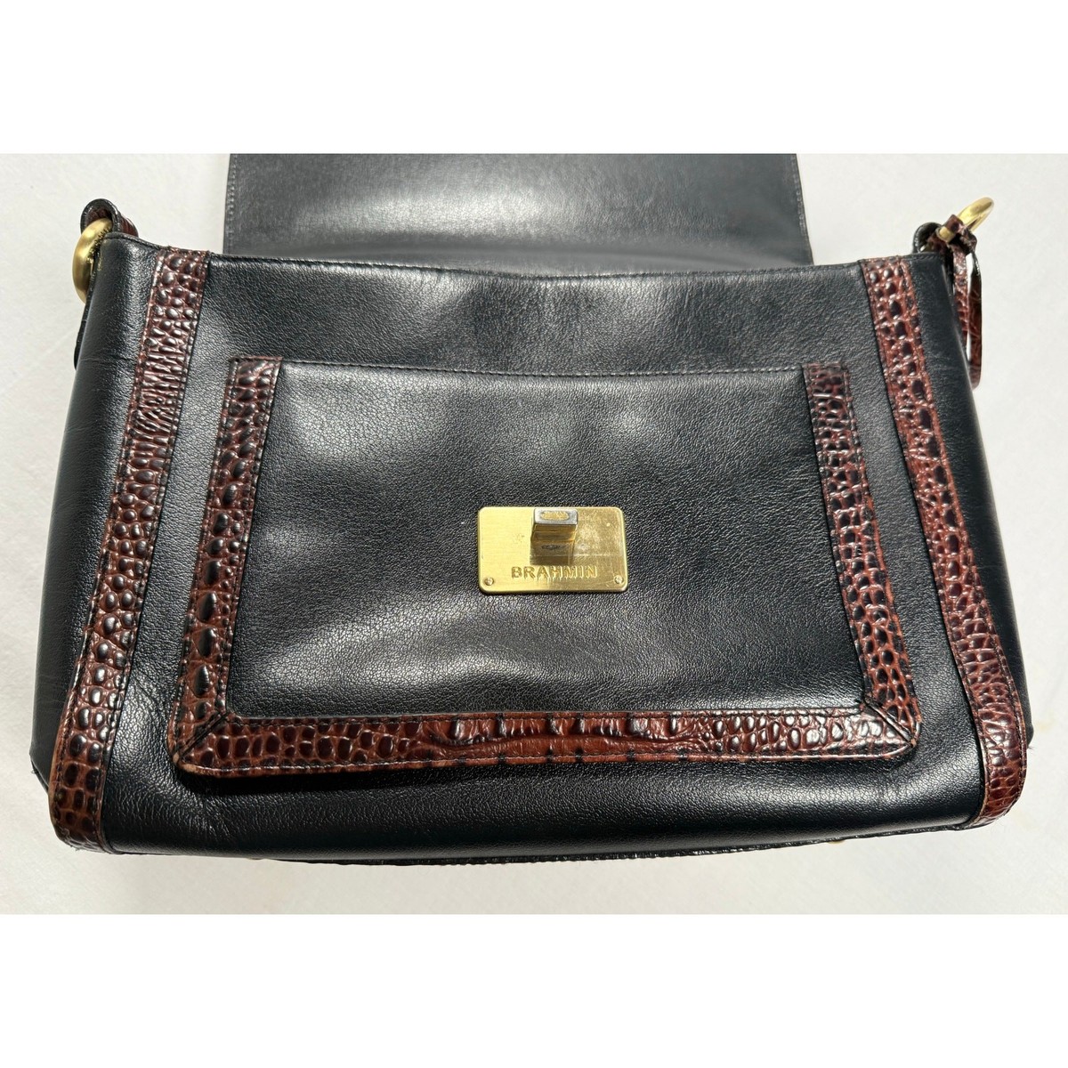 Brahmin Oxford Flap Black Tri Color Tuscan Satchel Black Tuscan Crossbody Purse View 6