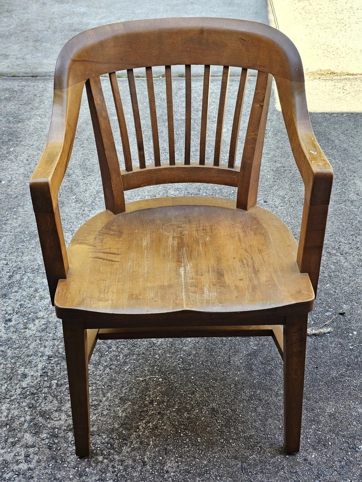Vtg W.H. Gunlocke Chair Co. Solid Walnut Arm Barrel Courtroom Jury Banker Office - Image 3 of 4