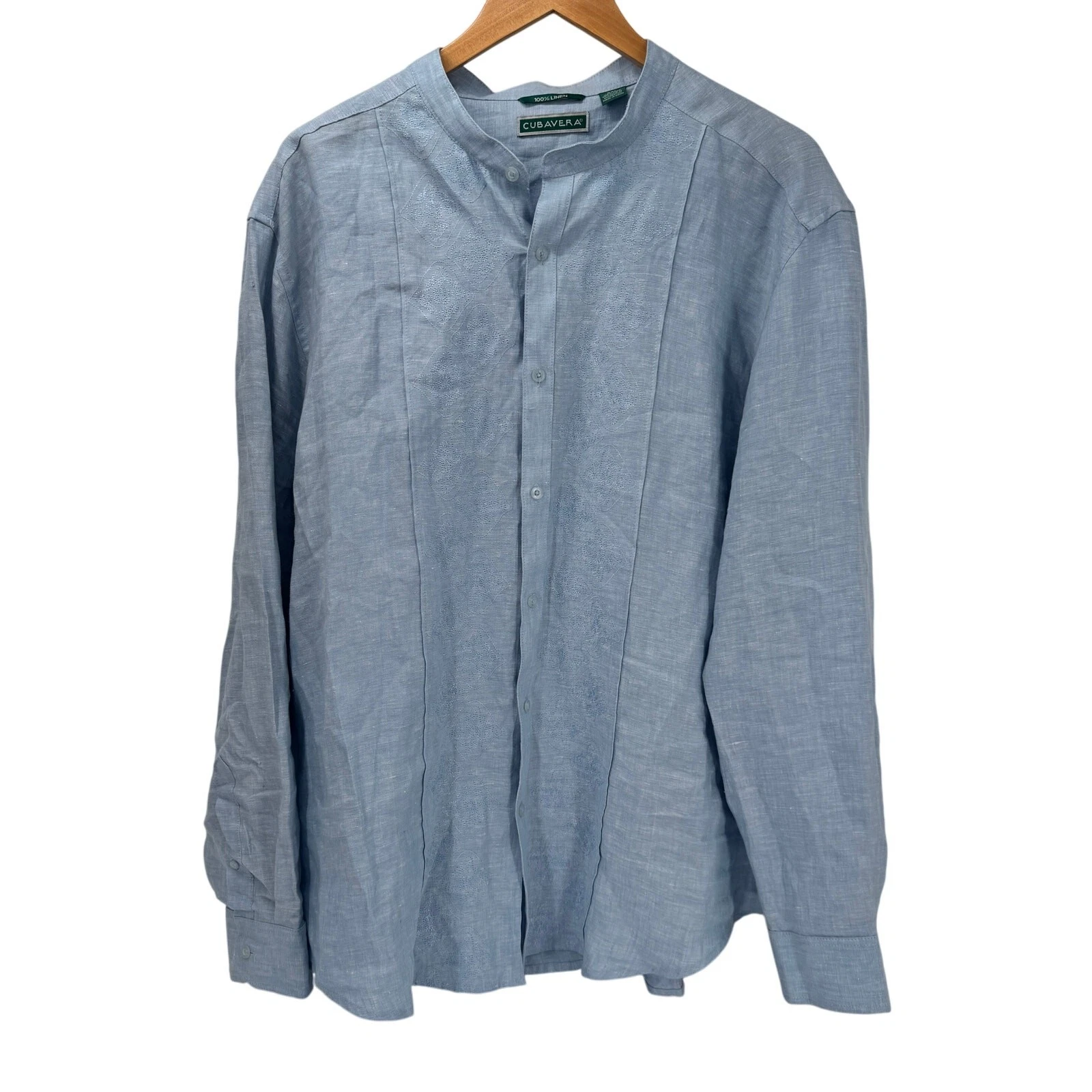 Cubavera Linen Shirt Mens XXL Blue Embroidered Button Up Coastal Band Collar