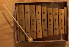 Vintage wooden xylophone with mallet, 8"x6" labeled made in Japan, original box