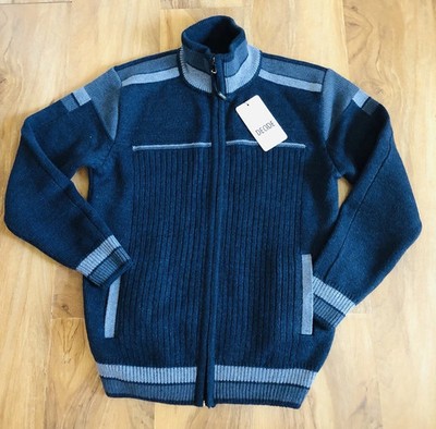 NWT Decade 50% Wool Acrylic Men Sweater Navy Blue Gray Full Zip Pocket Sz Small
