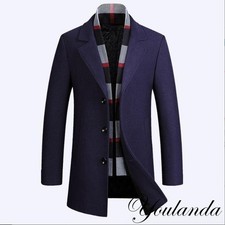 Men's Wool Blend Pea Coat Button Lapel Scarf Business Jacket Dress Overcoats New