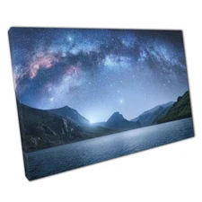 Celestial Moonlit Mountain Lake Canvas: Starry Night Sky Landscape Wall Art for