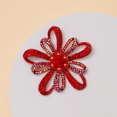 Floral Crystal Rhinestone Brooch Pin with Open Loop Petal