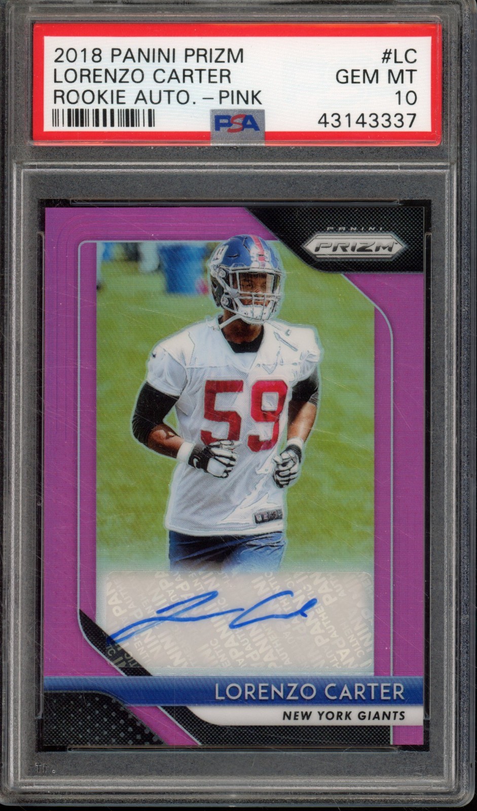 2018 Panini Prizm LORENZO CARTER #RA-LC RC Rookie Pink Auto PSA 10 Giants