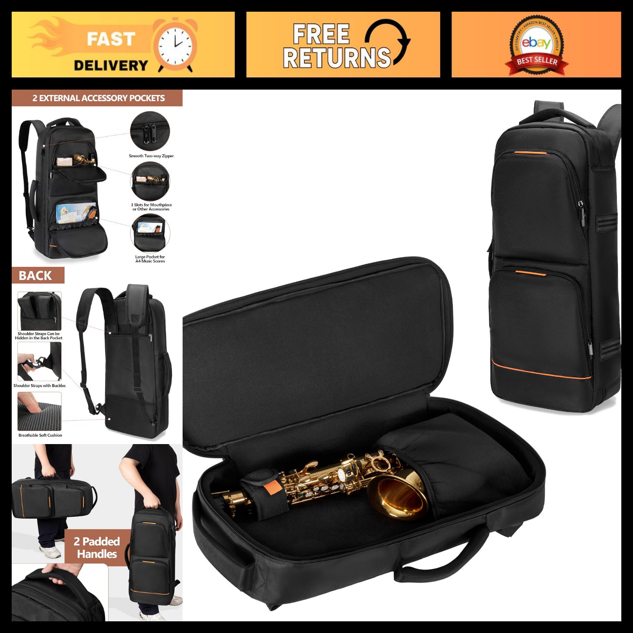 Padded Alto Saxophone Case Gig Bag Backpack with Hidden Shoulder Strap, Durable