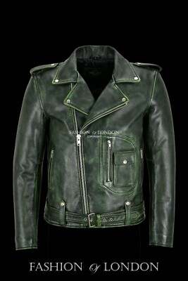 Herren Echt Leder Reitjacke Grün Vintage Dickes Rindsleder Brando Biker Style