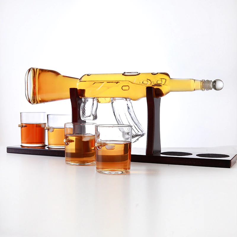 AK47 Rifle 3D Crystal Whisky Decanter with Wood Stand Bar Decor-image