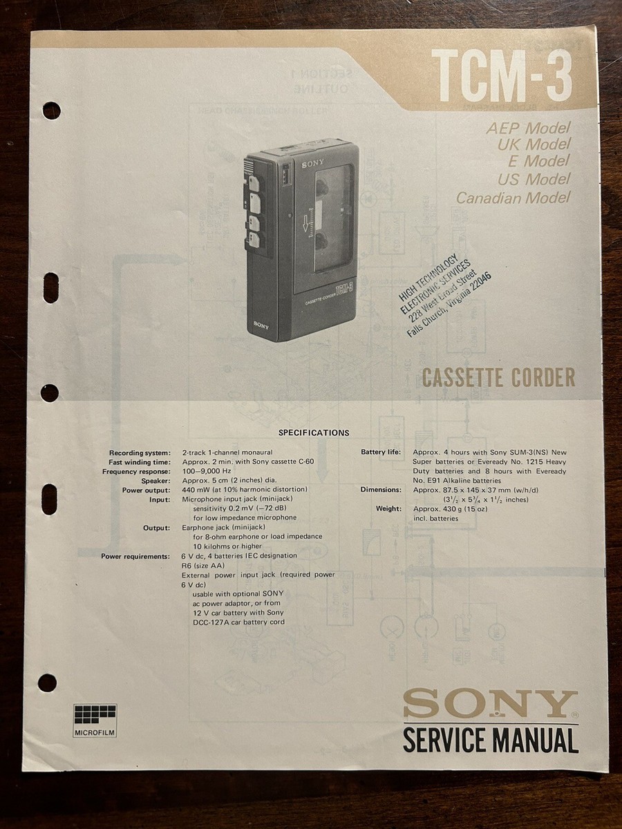 Sony TCM-3 Cassette Corder Walkman Tape Player Service Manual