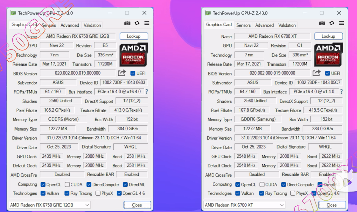 ASUS DUAL-RX6750GRE-12G-V2-GAMING vs AMD Radeon RX 6700 XT tested
