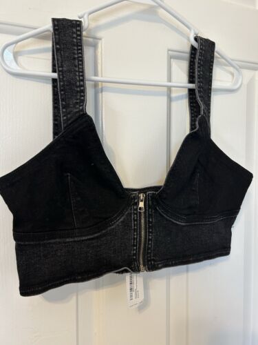 NWT Nastygal Women's Petite Contrast Zip Strappy Denim Bralette Top Sz 6/32B Blk - Picture 2 of 7