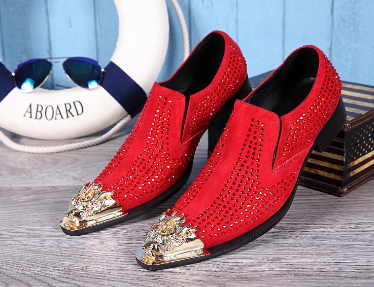 SAOLA Scarpe slip on alla moda coreane metallo a punta pelle lucida da uomo strass chic