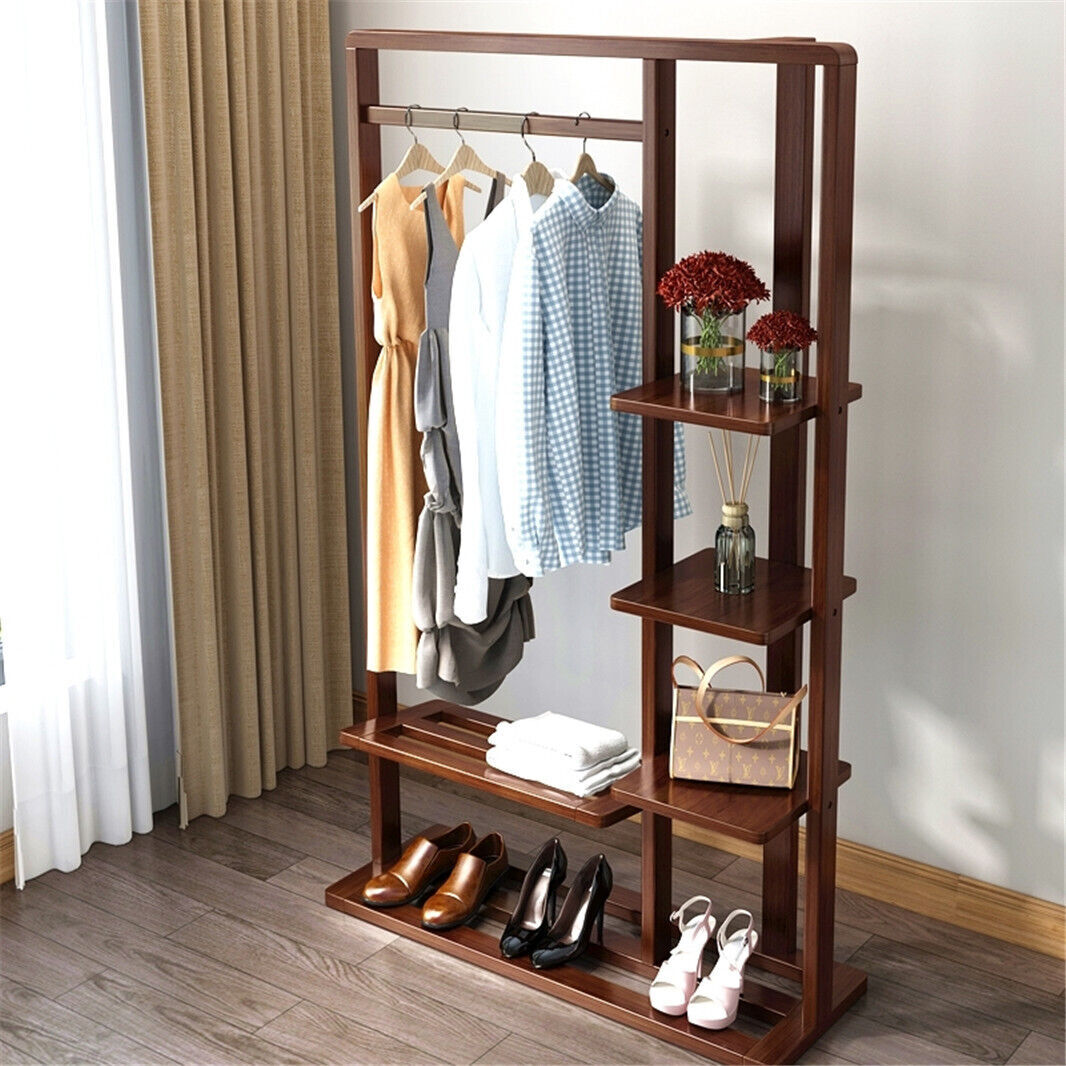 Rustic Chic Clothes Rail Coat Rack Stand Wooden Hanging Dress Up Wardrobe  Storag