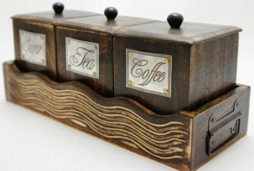 Set di 3 contenitori in legno fatti a mano per caffè, tè, zucchero con coperchio - Foto 1 di 7