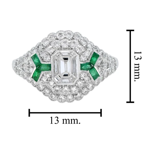 18K White Gold Emerald Cut Diamond and Emerald Art Deco Style Ring - Picture 7 of 9