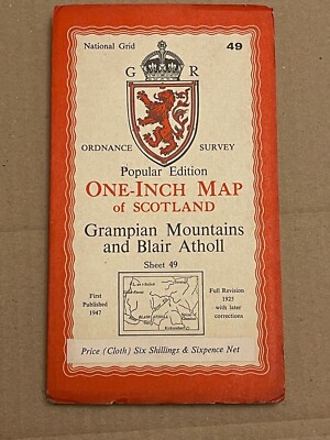 Vintage Ordnance Survey One Inch Cloth Map,Grampian Mountains. 49,1947