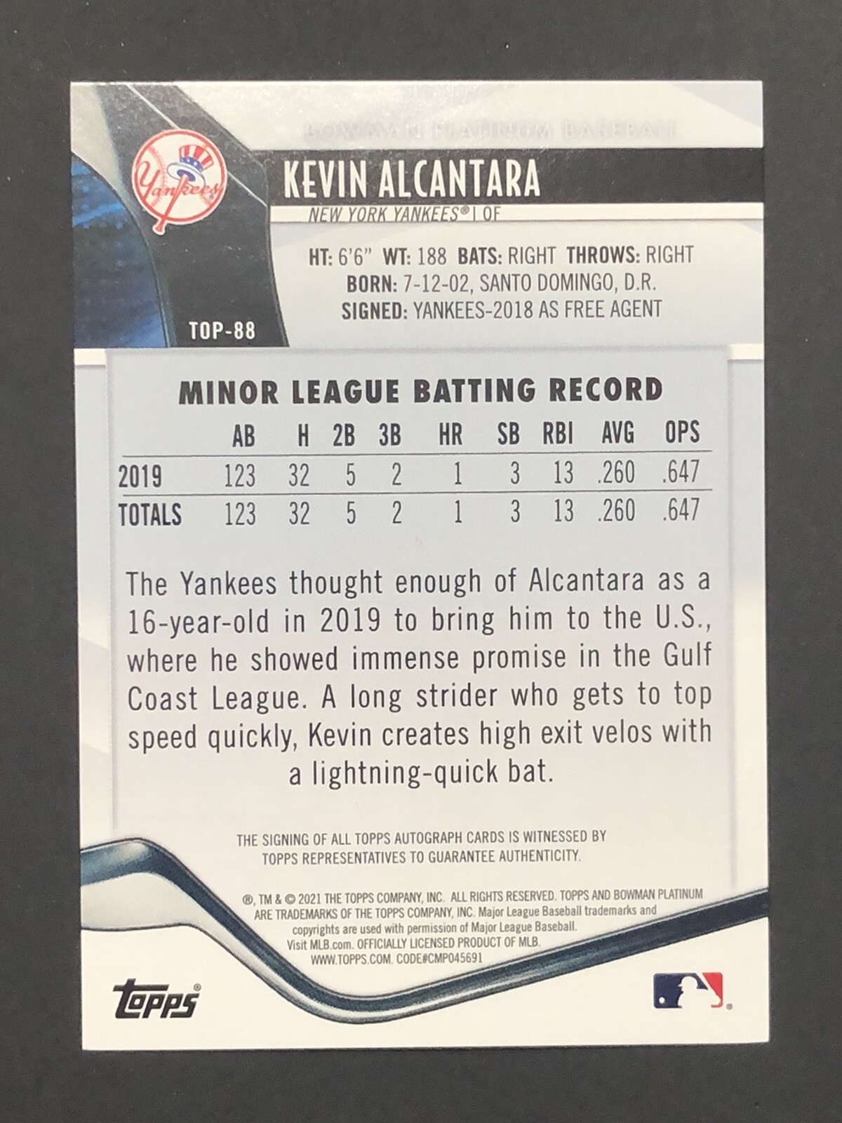 2021 BOWMAN PLATINUM KEVIN ALCANTARA PROSPECT AUTO AUTOGRAPH CARD ICY